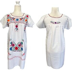 Hand Embroidered Floral Midi Dress XS/S Mexican Peasant Short Sleeve Boho Puebla
